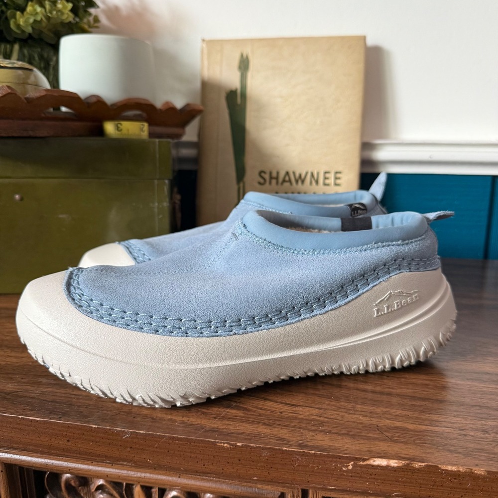 LL Bean Wicked Good Max Slippers Shearling Suede Blue Cream Womens 9